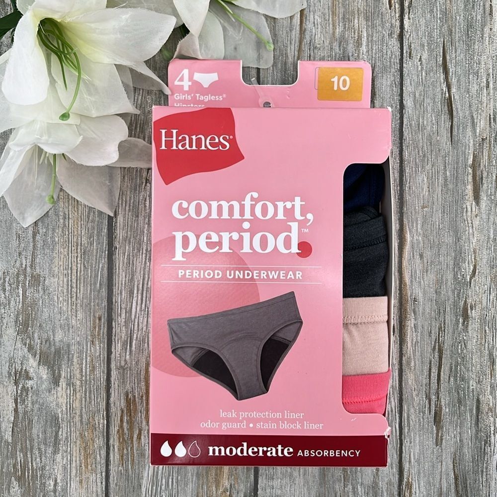 Girls Hanes Tagless Hipster Period Panty Underwear 4 Pack Size 10